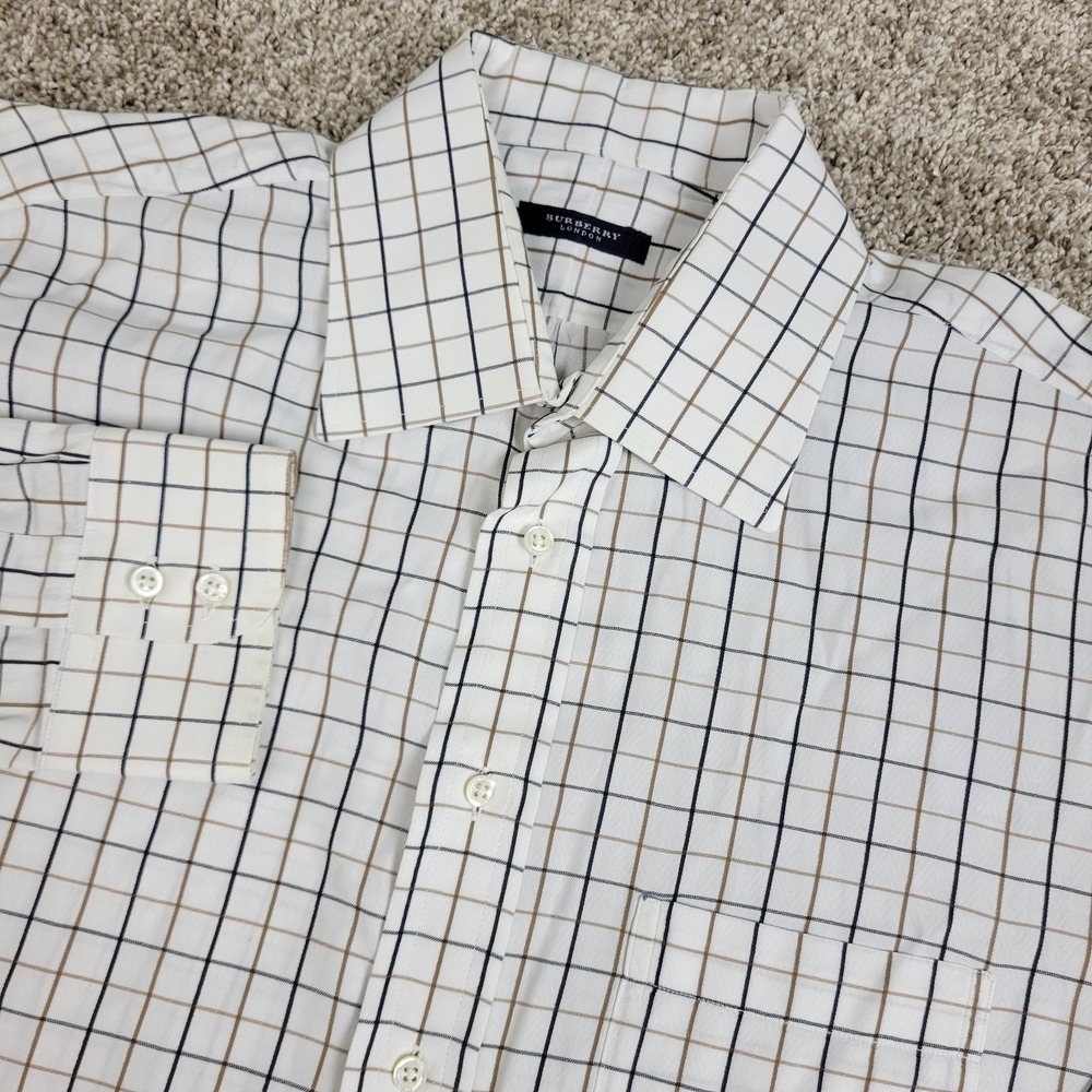 Burberry London Mens 17R White Check Button Up Long Sleeve